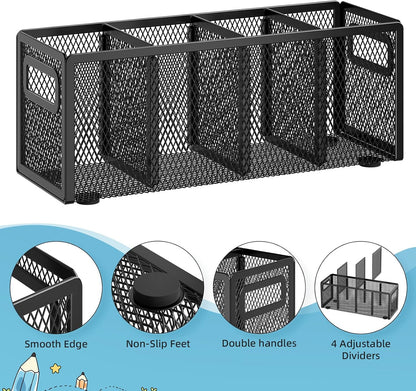 Mesh Pen Holder for Desk, Pencil Holder Desk Organizer 3 Adjustable Compartments, Pencil Cup with Handle Perfect for Classroom, Office, Home, Makeup, Art (Black)