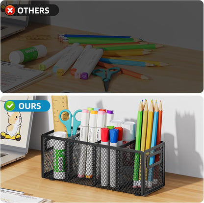 Mesh Pen Holder for Desk, Pencil Holder Desk Organizer 3 Adjustable Compartments, Pencil Cup with Handle Perfect for Classroom, Office, Home, Makeup, Art (Black)