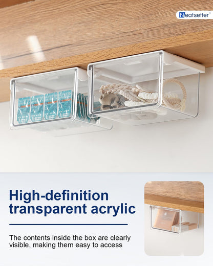 Hanging Cabinet Organizer – 33° Tilted Under Desk Drawer & Bathroom Storage – Self-Adhesive Clear Pull-Out Bins for Kitchen, Office & Vanity (Medium)