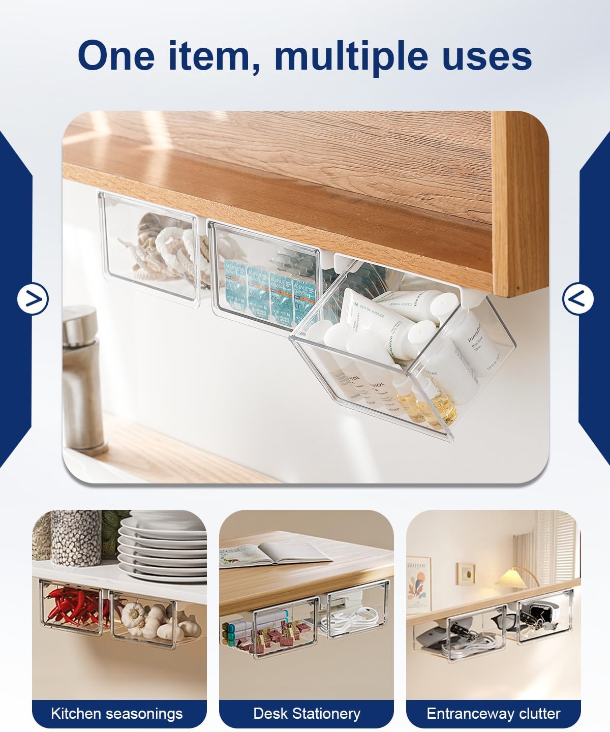 Hanging Cabinet Organizer – 33° Tilted Under Desk Drawer & Bathroom Storage – Self-Adhesive Clear Pull-Out Bins for Kitchen, Office & Vanity (Medium)