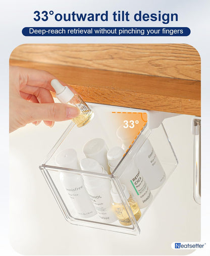 Hanging Cabinet Organizer – 33° Tilted Under Desk Drawer & Bathroom Storage – Self-Adhesive Clear Pull-Out Bins for Kitchen, Office & Vanity (Medium)