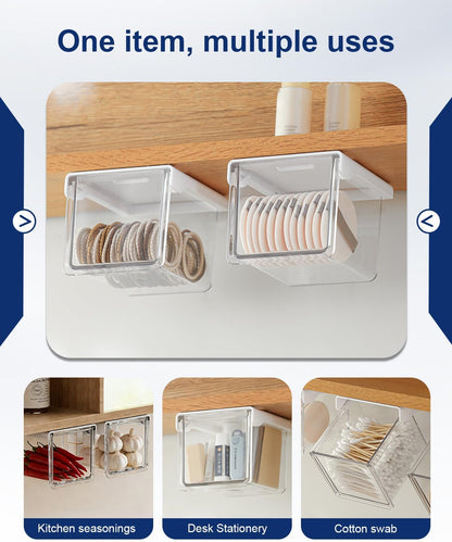 Hanging Cabinet Organizer – 33° Tilted Under Desk Drawer & Bathroom Storage – Self-Adhesive Clear Pull-Out Bins for Kitchen, Office & Vanity (Medium)