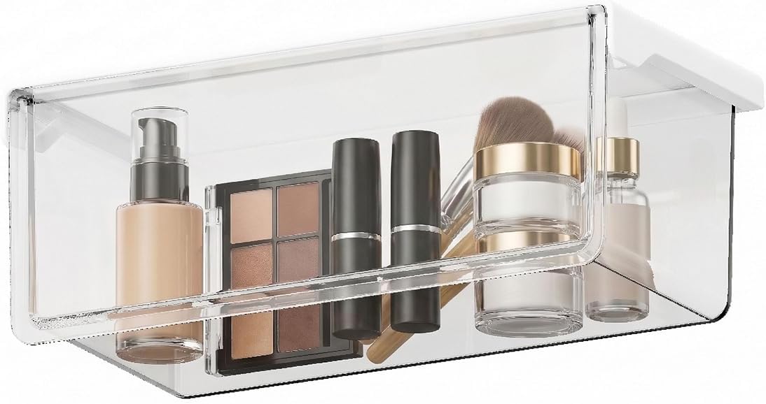 Hanging Cabinet Organizer – 33° Tilted Under Desk Drawer & Bathroom Storage – Self-Adhesive Clear Pull-Out Bins for Kitchen, Office & Vanity (Medium)