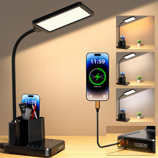 Desk Lamp, LED Desk Lamps for Home Office with USB Charging Port/Outlet/Organizer,Desk Lamp for College Dorm Eye-Caring Study Light,Gooseneck Table Lamp with Pen Holders/Storage,9 Lighting Modes