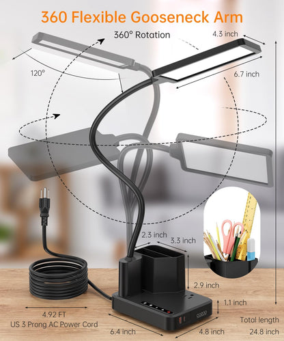 Desk Lamp, LED Desk Lamps for Home Office with USB Charging Port/Outlet/Organizer,Desk Lamp for College Dorm Eye-Caring Study Light,Gooseneck Table Lamp with Pen Holders/Storage,9 Lighting Modes