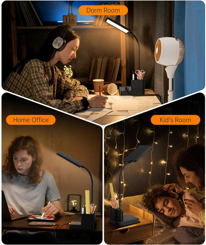 Desk Lamp, LED Desk Lamps for Home Office with USB Charging Port/Outlet/Organizer,Desk Lamp for College Dorm Eye-Caring Study Light,Gooseneck Table Lamp with Pen Holders/Storage,9 Lighting Modes
