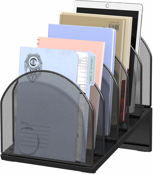 5-Section Desk File Organizer Metal Mesh Folder Organizer, Black
