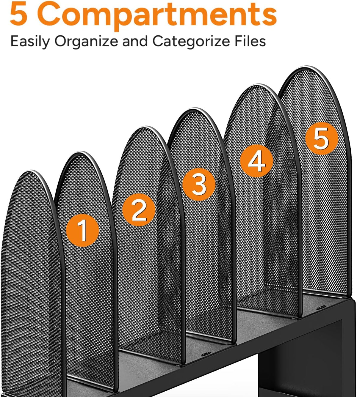 5-Section Desk File Organizer Metal Mesh Folder Organizer, Black
