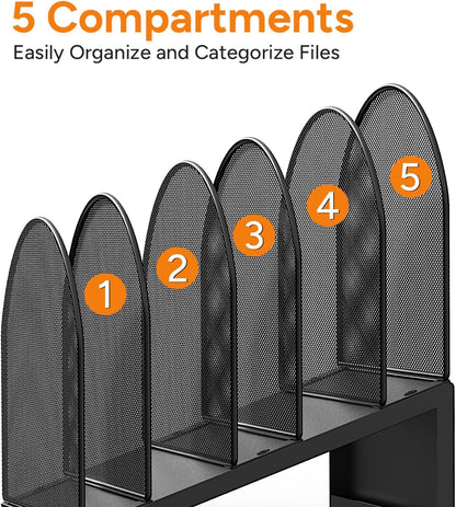 5-Section Desk File Organizer Metal Mesh Folder Organizer, Black