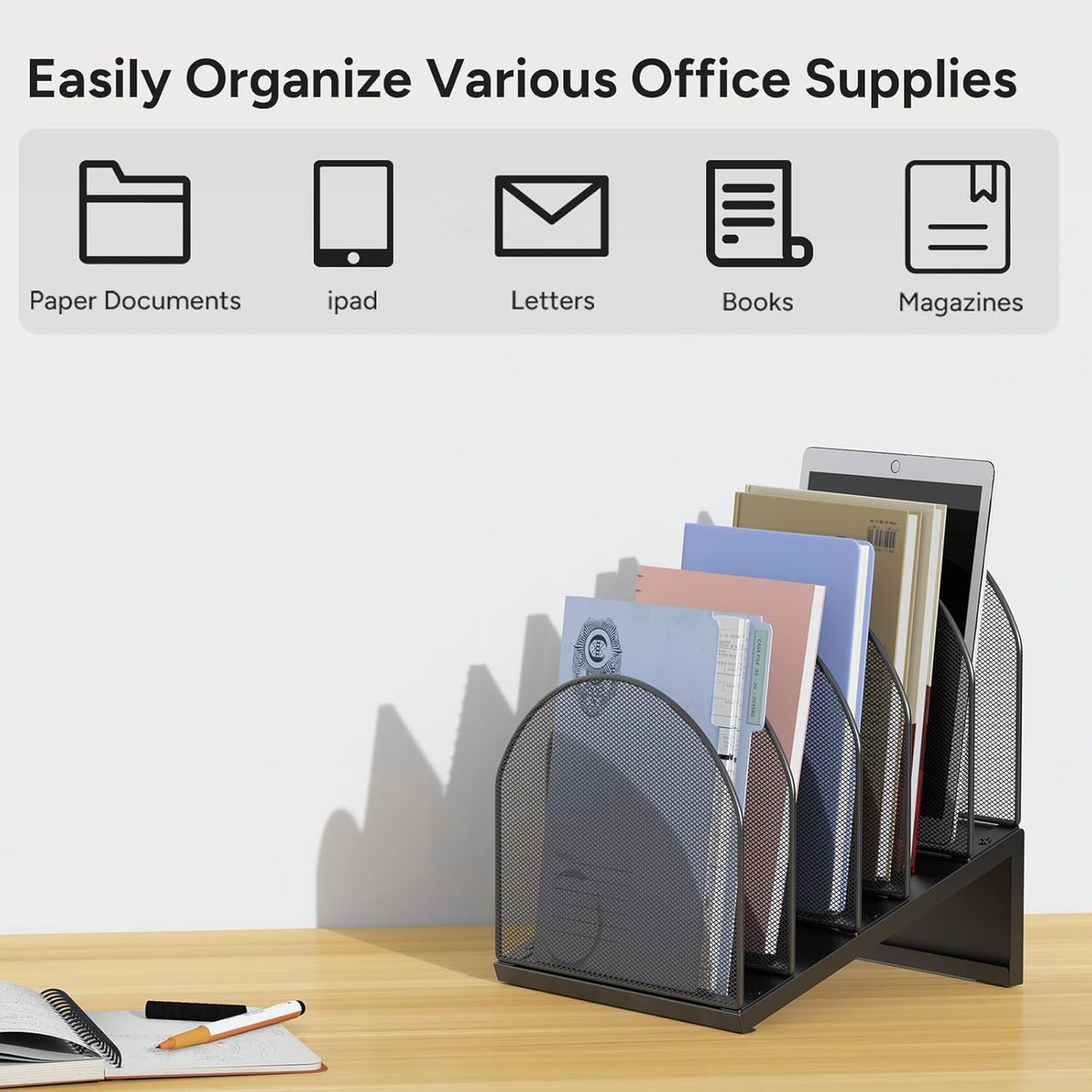 5-Section Desk File Organizer Metal Mesh Folder Organizer, Black
