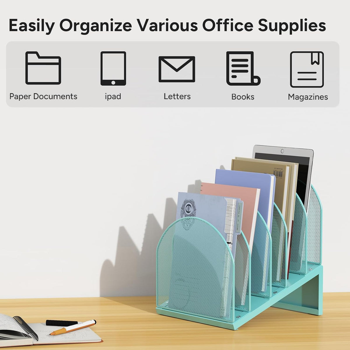 5-Section Desk File Organizer Metal Mesh Folder Organizer, Black