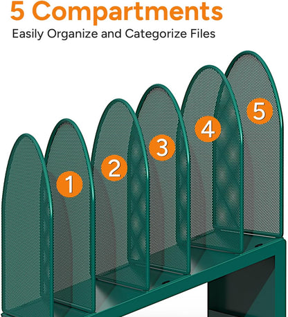 5-Section Desk File Organizer Metal Mesh Folder Organizer, Black