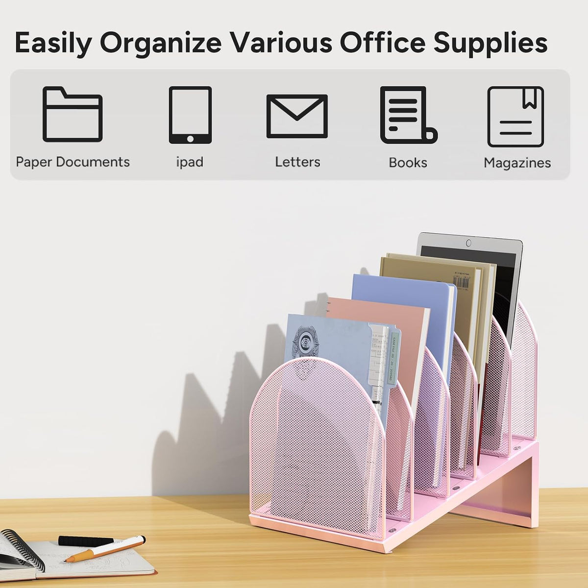 5-Section Desk File Organizer Metal Mesh Folder Organizer, Black