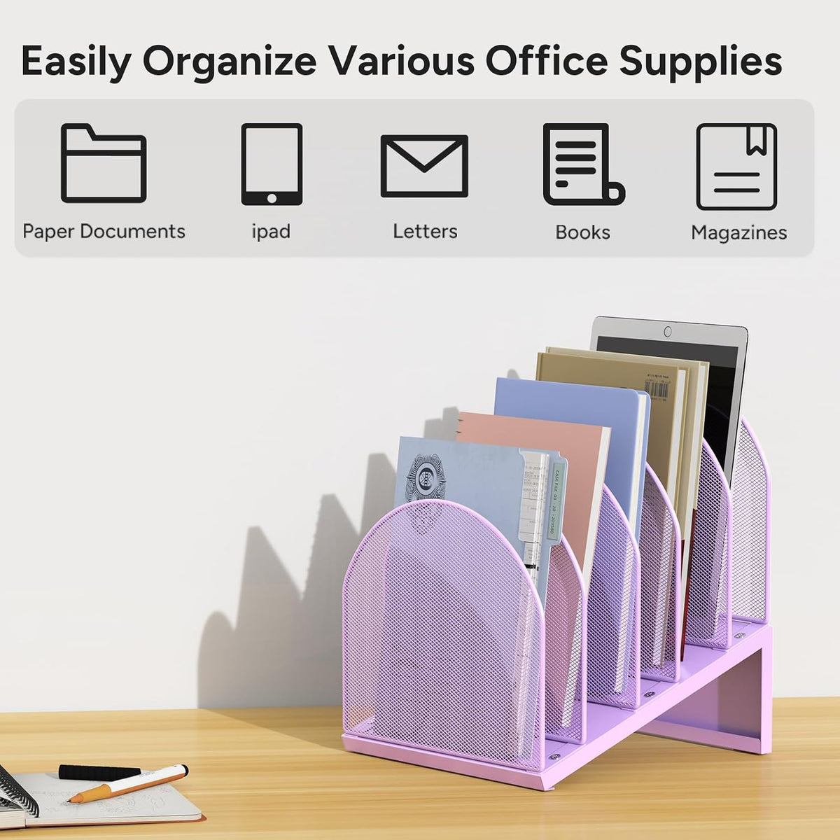 5-Section Desk File Organizer Metal Mesh Folder Organizer, Black