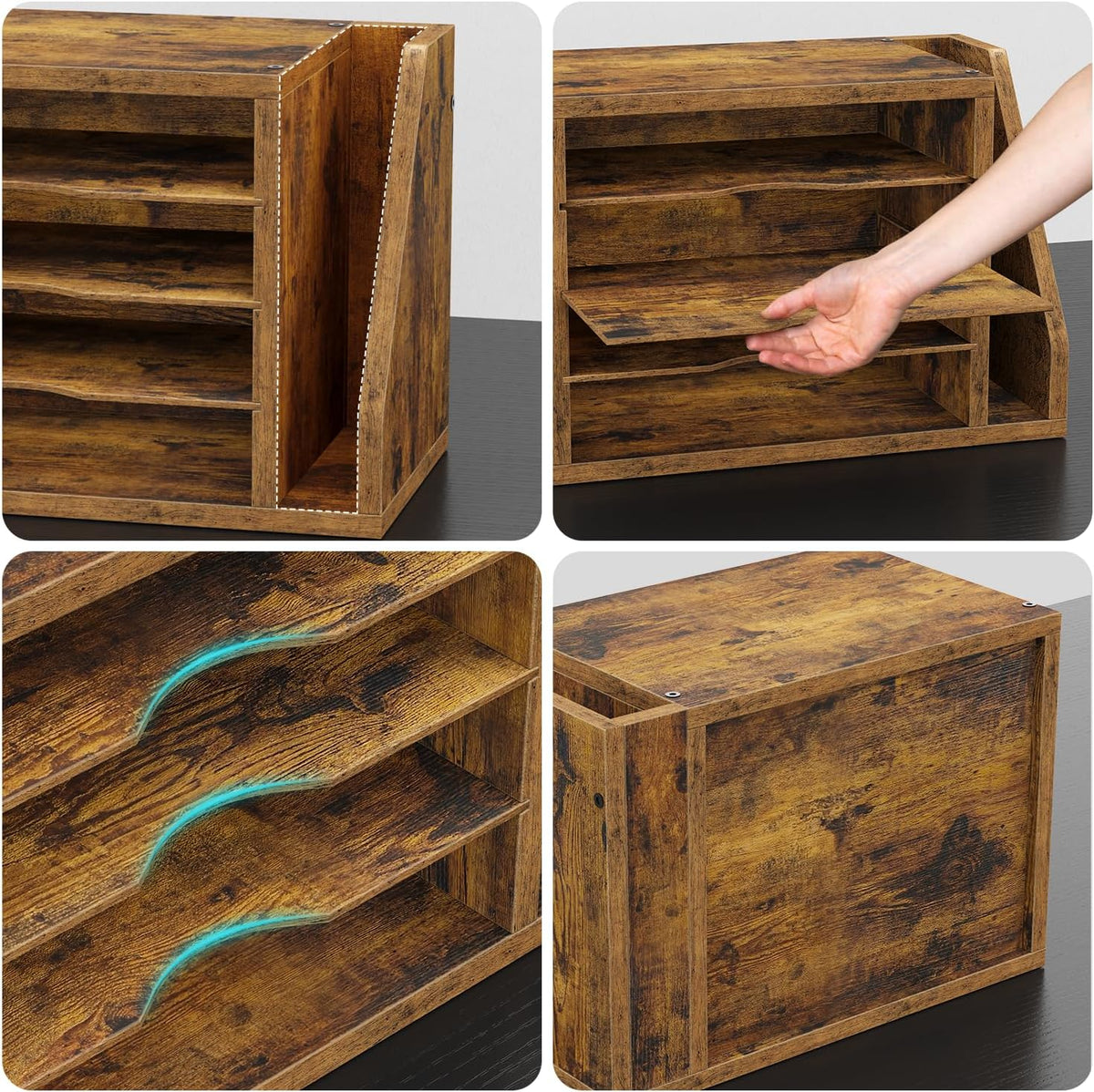Wooden Mail Organizer, Desk Organizer with 3 Adjustable Shelves