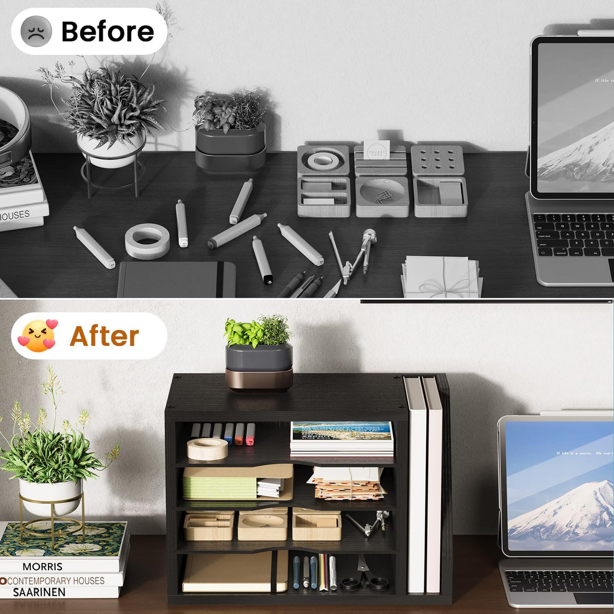 Wooden Mail Organizer, Desk Organizer with 3 Adjustable Shelves