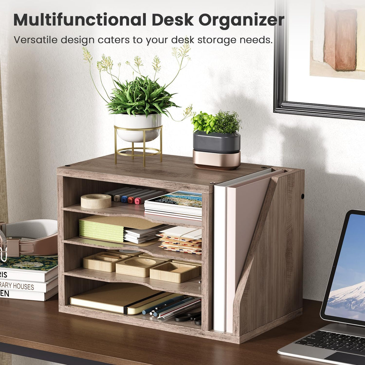 Wooden Mail Organizer, Desk Organizer with 3 Adjustable Shelves