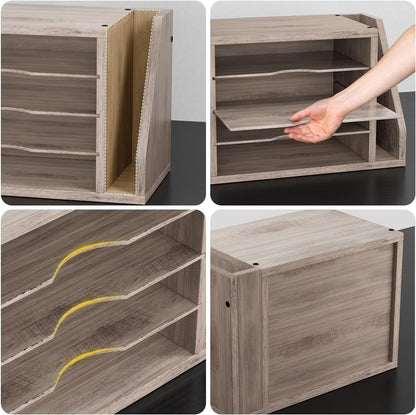 Wooden Mail Organizer, Desk Organizer with 3 Adjustable Shelves