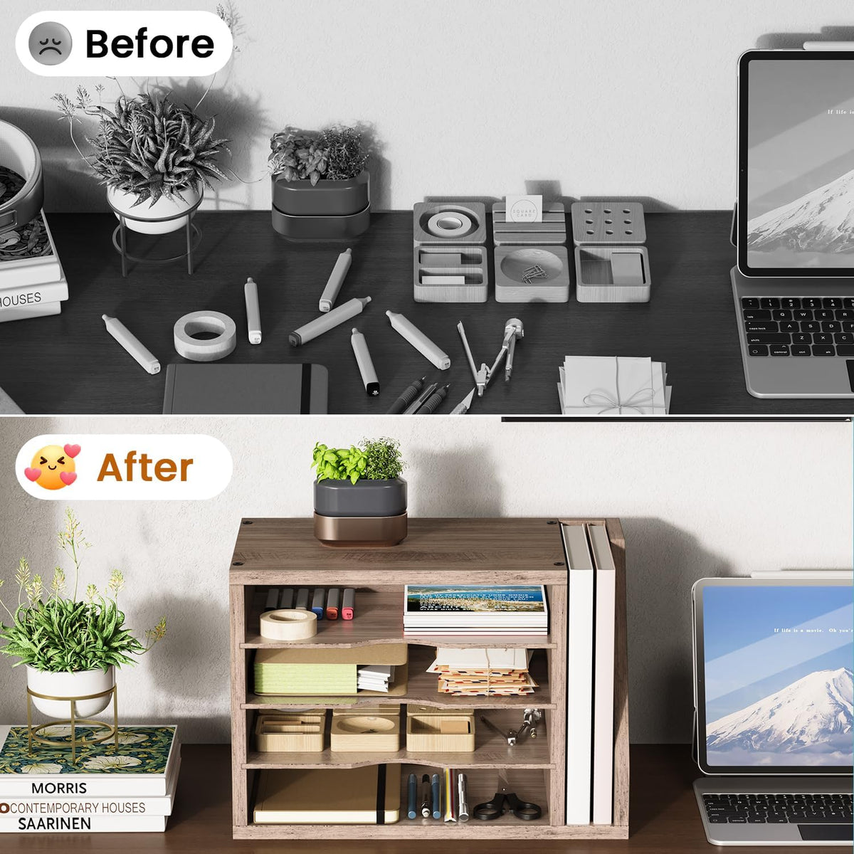 Wooden Mail Organizer, Desk Organizer with 3 Adjustable Shelves