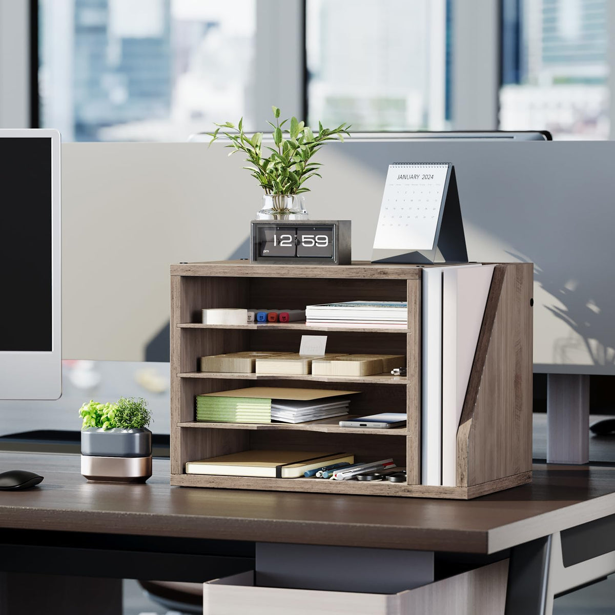 Wooden Mail Organizer, Desk Organizer with 3 Adjustable Shelves