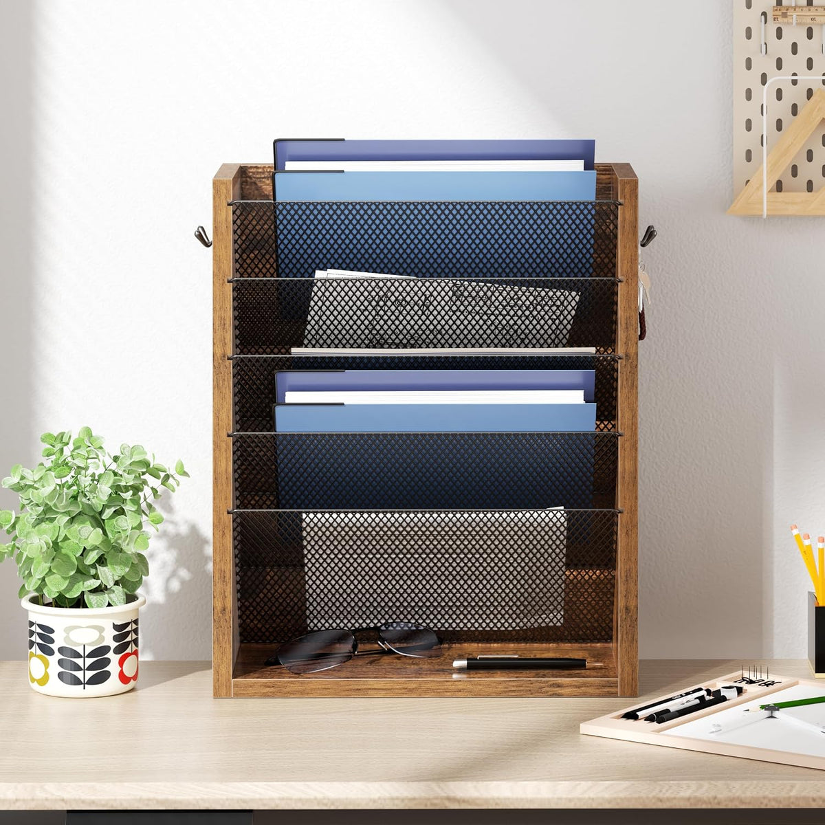 Wooden Mail Organizer, Desk Organizer with 3 Adjustable Shelves
