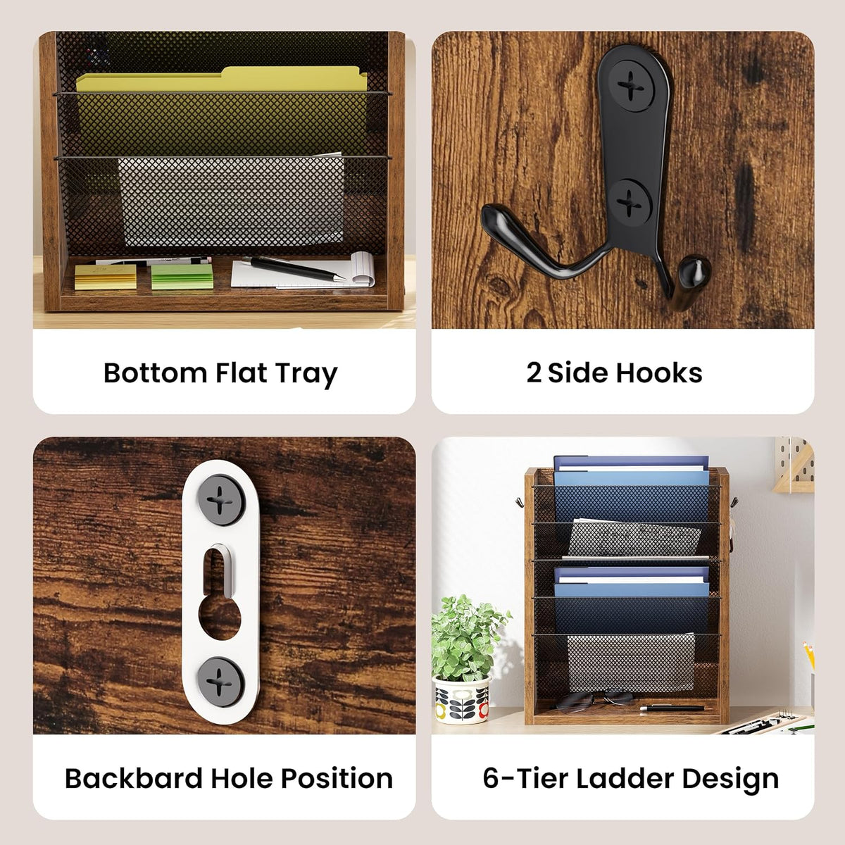 Wooden Mail Organizer, Desk Organizer with 3 Adjustable Shelves