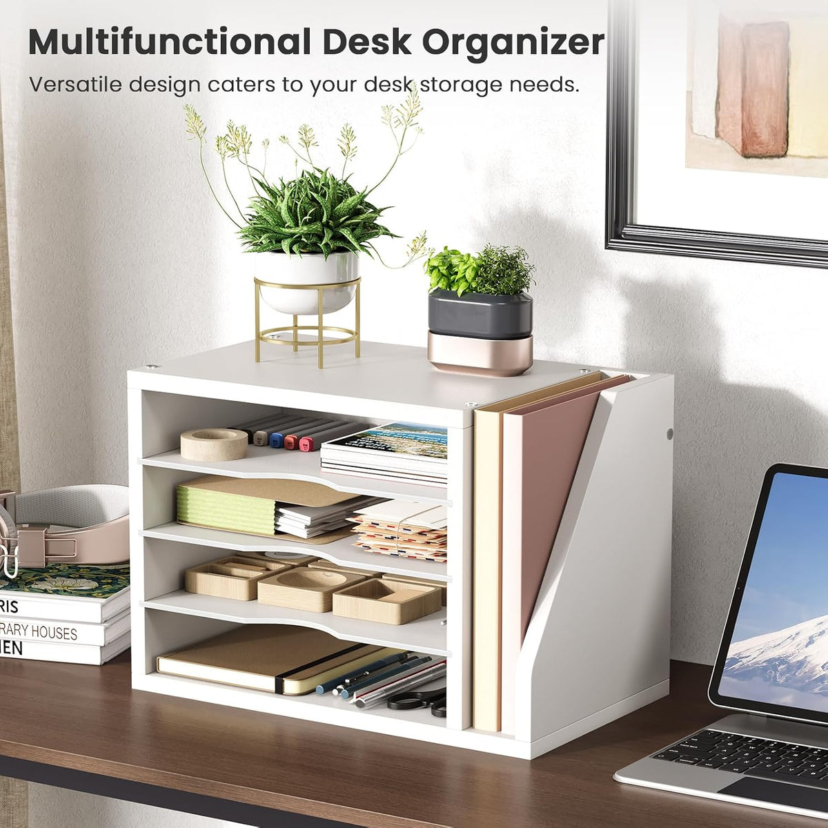 Wooden Mail Organizer, Desk Organizer with 3 Adjustable Shelves