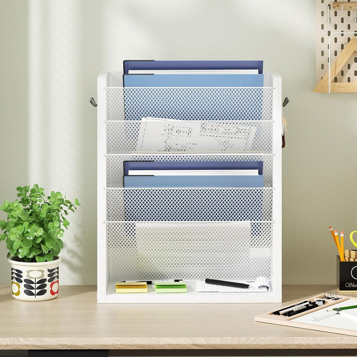 Wooden Mail Organizer, Desk Organizer with 3 Adjustable Shelves