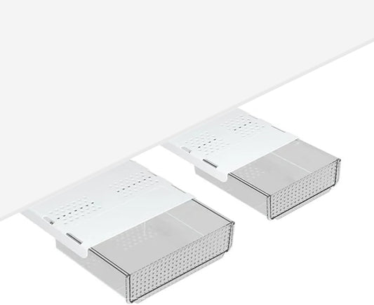 Slide and Stash Under Desk Drawers Office Organizer 2-Pack Small and Medium – Office Organization Drawer Slides Include Adhesive Tape – Easy DIY Installation for Desk Organization, Cupboard, Wardrobe