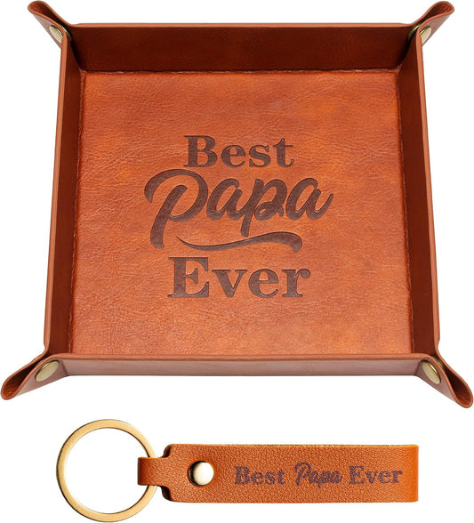 Best Papa Ever PU Valet Tray and Keychain Desktop Storage Organizer