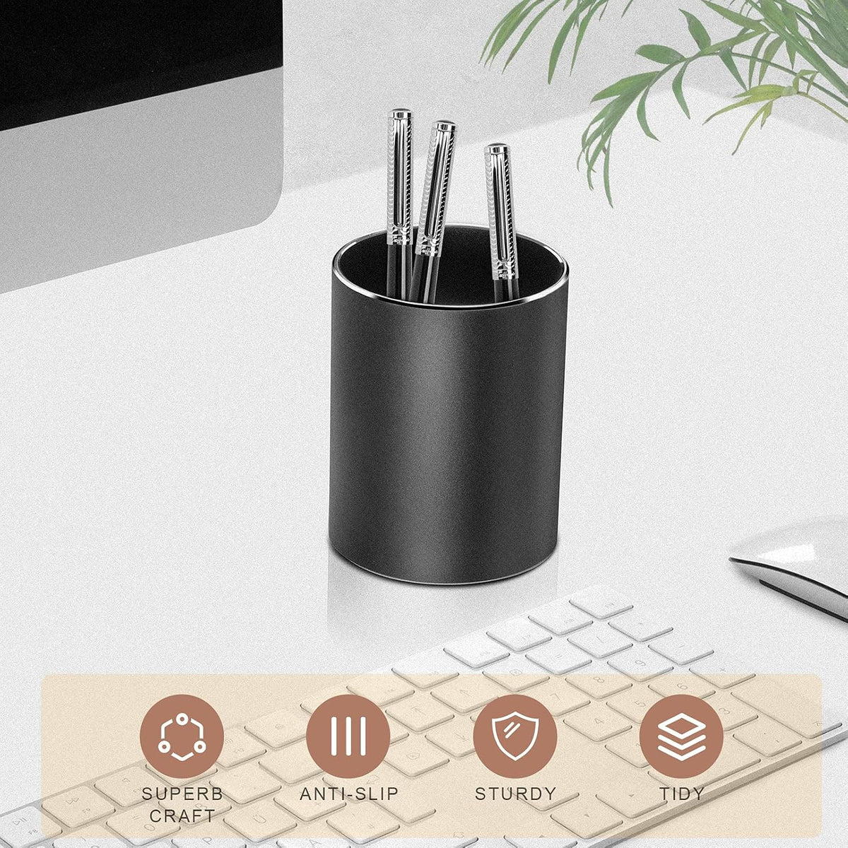 Metal Pen Holder Aluminum Pencil Holder for desk, Round Desktop Organizer and Black Pencil Cup for Office, School, Home and Stationary Supplies (3.15 x 3.15 x 3.94 Inches)