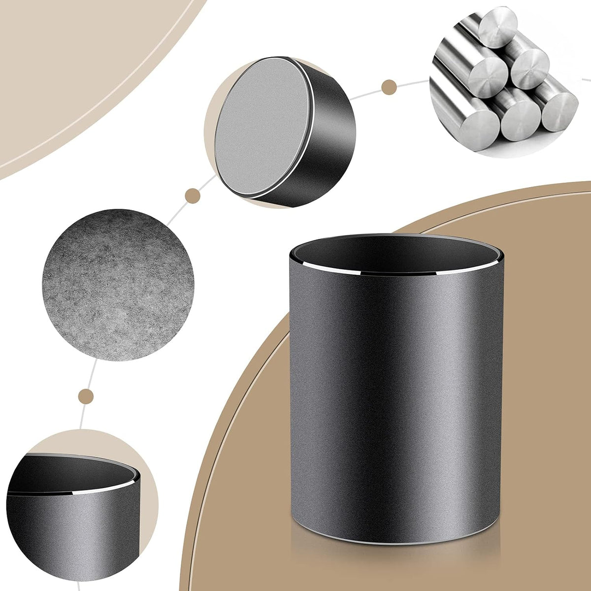 Metal Pen Holder Aluminum Pencil Holder for desk, Round Desktop Organizer and Black Pencil Cup for Office, School, Home and Stationary Supplies (3.15 x 3.15 x 3.94 Inches)