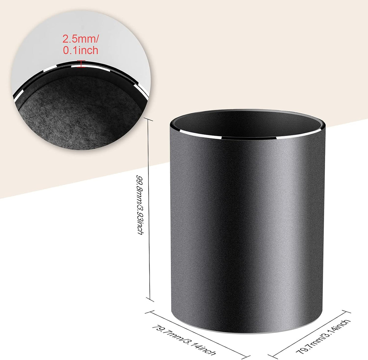 Metal Pen Holder Aluminum Pencil Holder for desk, Round Desktop Organizer and Black Pencil Cup for Office, School, Home and Stationary Supplies (3.15 x 3.15 x 3.94 Inches)