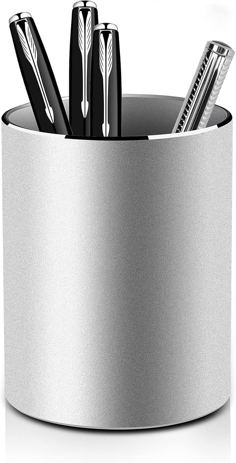 Metal Pen Holder Aluminum Pencil Holder for desk, Round Desktop Organizer and Black Pencil Cup for Office, School, Home and Stationary Supplies (3.15 x 3.15 x 3.94 Inches)