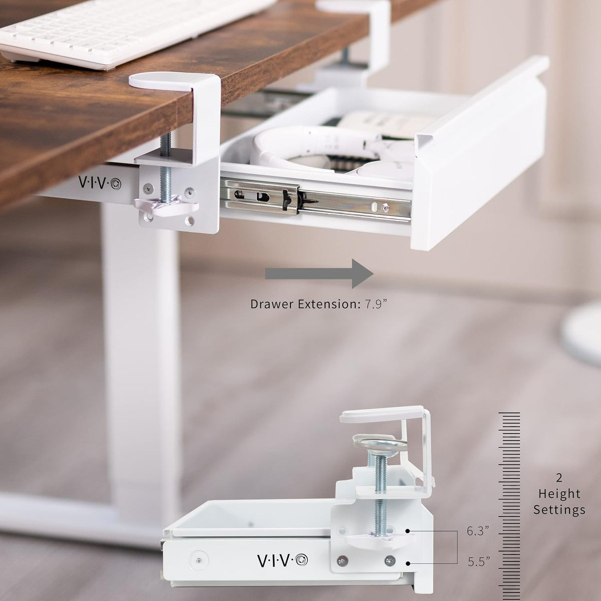 16 inch Clamp-On Sliding Pull-out Drawer without Shell for Office Desk, Storage Organizer for Sit Stand Workstation, White, DESK-AC03C-W