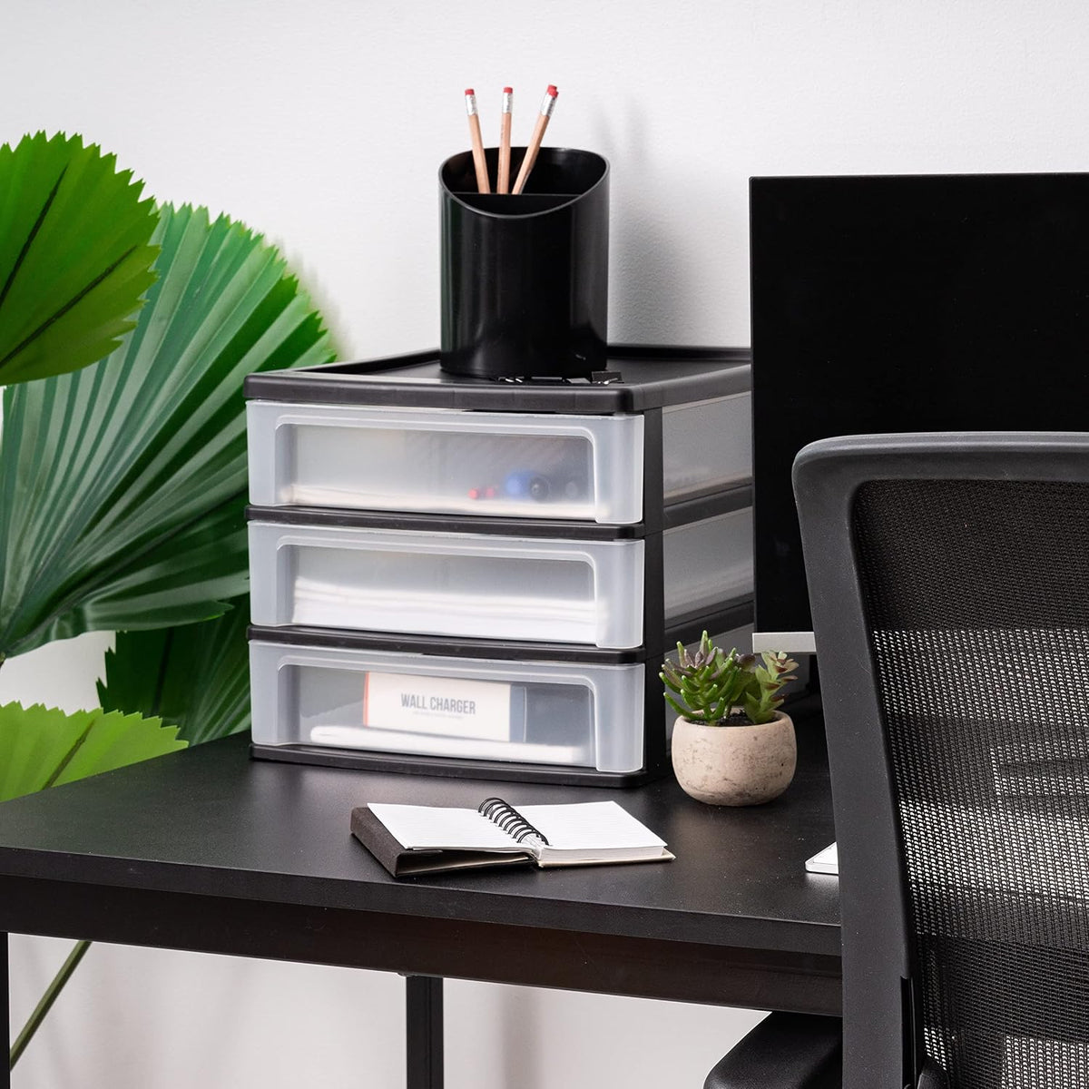 3-Drawer Medium Desktop Organizer with Paper Tray, Black