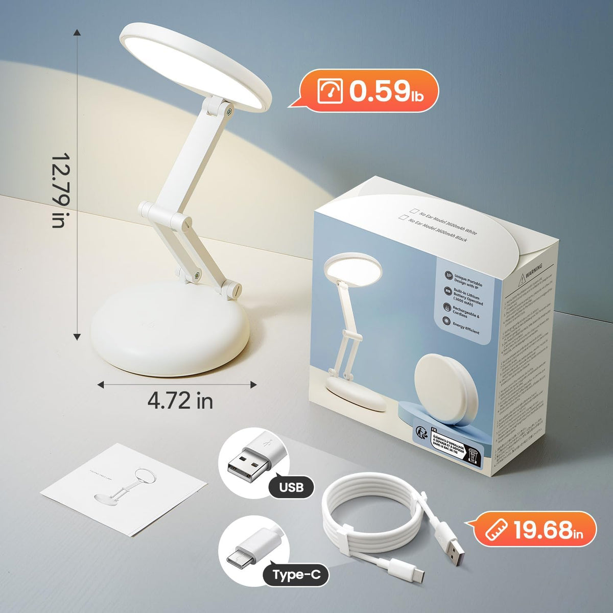 Rechargeable Table Lamp, 3600mAh Battery Operated Lamp Dorm Lamp