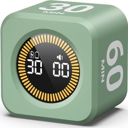 Pomodoro Timer – Visual Cube with 5/10/30/60 Min Presets, LED Countdown Ring & Count Up Mode, Silent Flip Productivity Timer for Study, Classroom, Office, Cooking (Green 5-10-30-60 min)