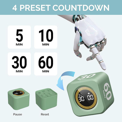 Pomodoro Timer – Visual Cube with 5/10/30/60 Min Presets, LED Countdown Ring & Count Up Mode, Silent Flip Productivity Timer for Study, Classroom, Office, Cooking (Green 5-10-30-60 min)