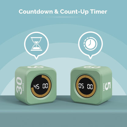 Pomodoro Timer – Visual Cube with 5/10/30/60 Min Presets, LED Countdown Ring & Count Up Mode, Silent Flip Productivity Timer for Study, Classroom, Office, Cooking (Green 5-10-30-60 min)