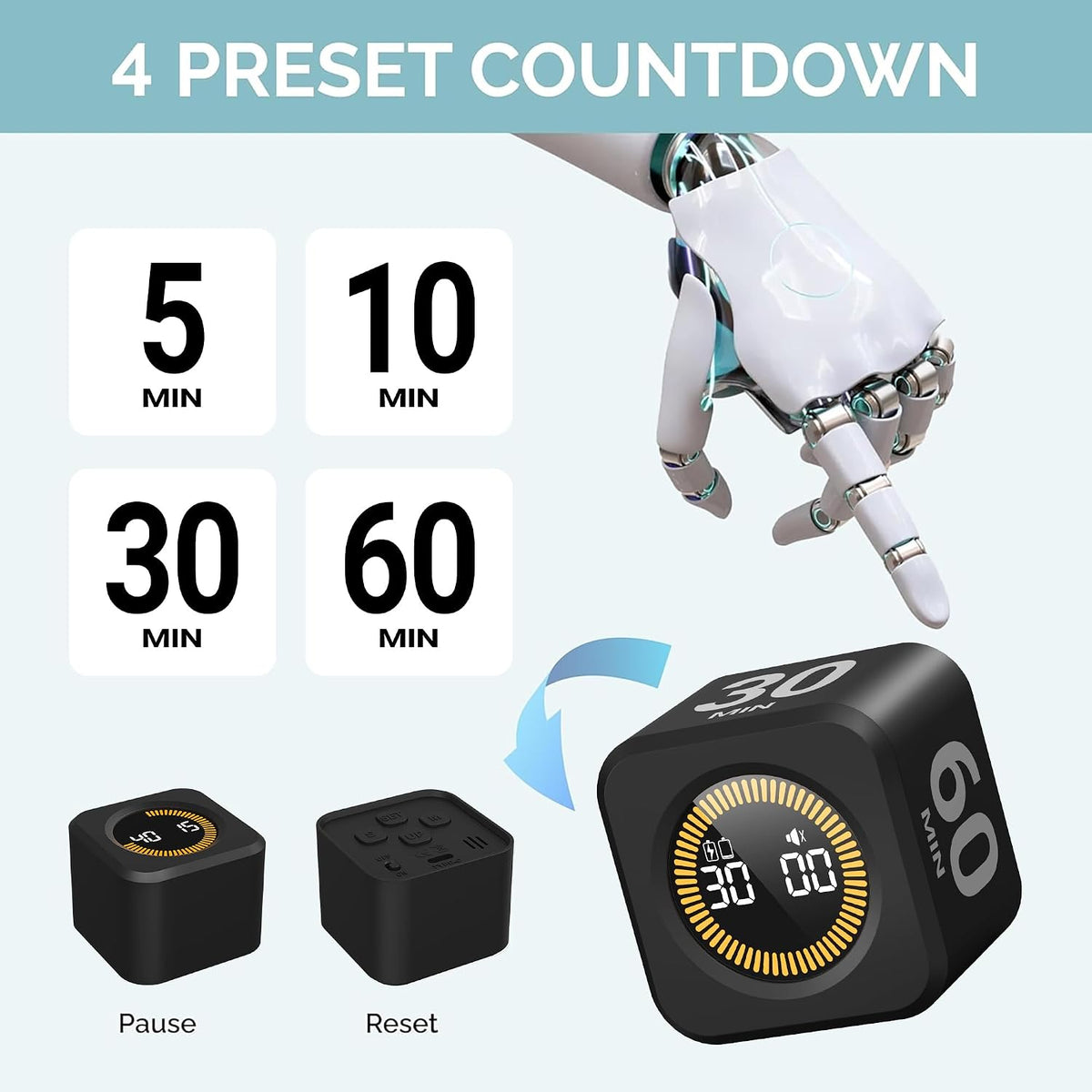 Pomodoro Timer – Visual Cube with 5/10/30/60 Min Presets, LED Countdown Ring & Count Up Mode, Silent Flip Productivity Timer for Study, Classroom, Office, Cooking (Green 5-10-30-60 min)