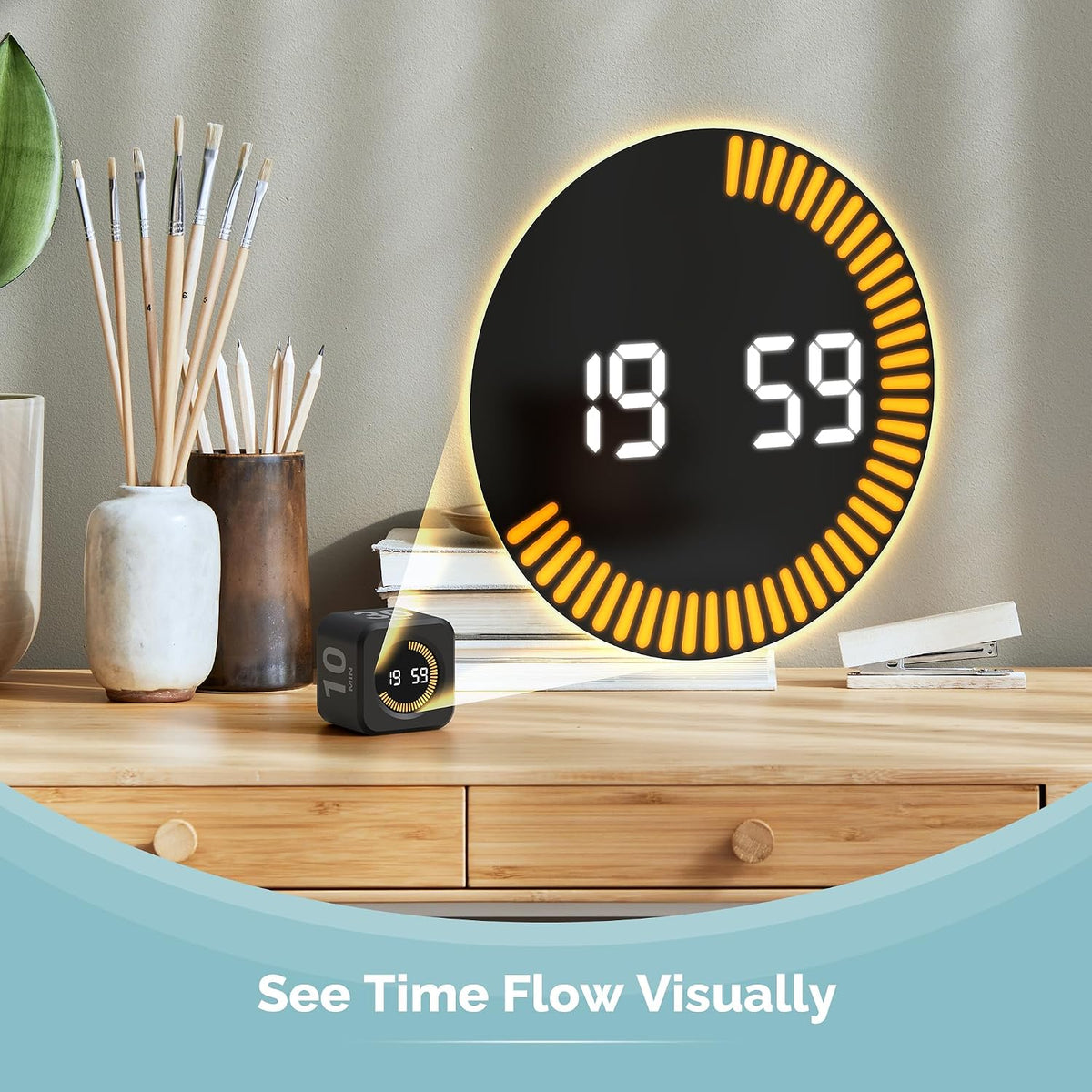 Pomodoro Timer – Visual Cube with 5/10/30/60 Min Presets, LED Countdown Ring & Count Up Mode, Silent Flip Productivity Timer for Study, Classroom, Office, Cooking (Green 5-10-30-60 min)