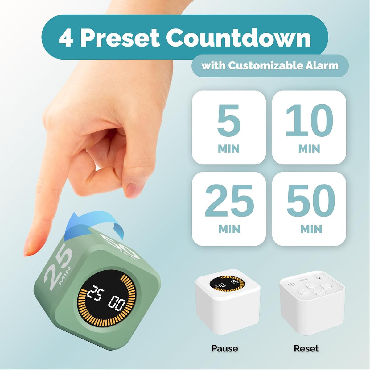 Pomodoro Timer – Visual Cube with 5/10/30/60 Min Presets, LED Countdown Ring & Count Up Mode, Silent Flip Productivity Timer for Study, Classroom, Office, Cooking (Green 5-10-30-60 min)