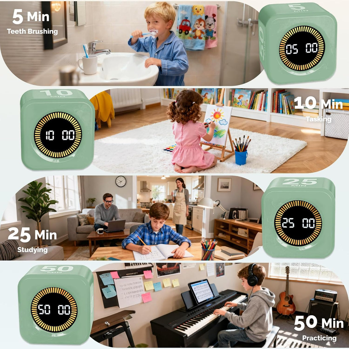 Pomodoro Timer – Visual Cube with 5/10/30/60 Min Presets, LED Countdown Ring & Count Up Mode, Silent Flip Productivity Timer for Study, Classroom, Office, Cooking (Green 5-10-30-60 min)