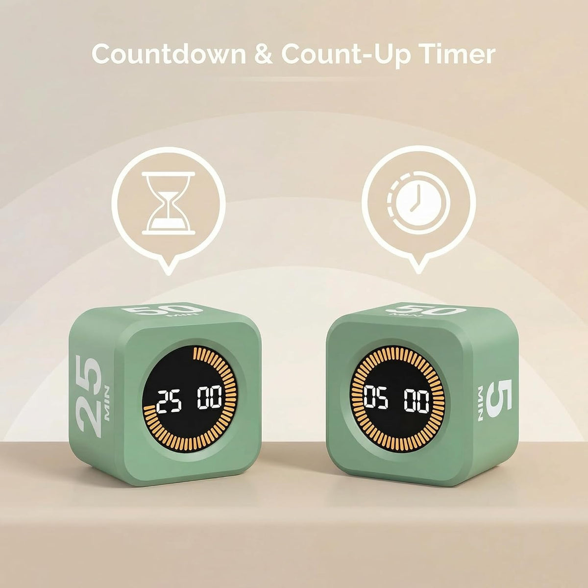 Pomodoro Timer – Visual Cube with 5/10/30/60 Min Presets, LED Countdown Ring & Count Up Mode, Silent Flip Productivity Timer for Study, Classroom, Office, Cooking (Green 5-10-30-60 min)