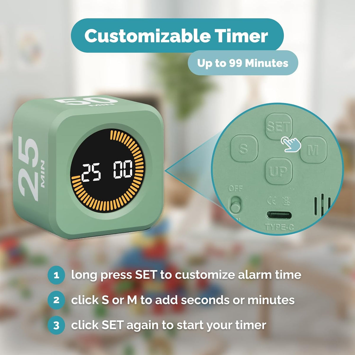 Pomodoro Timer – Visual Cube with 5/10/30/60 Min Presets, LED Countdown Ring & Count Up Mode, Silent Flip Productivity Timer for Study, Classroom, Office, Cooking (Green 5-10-30-60 min)