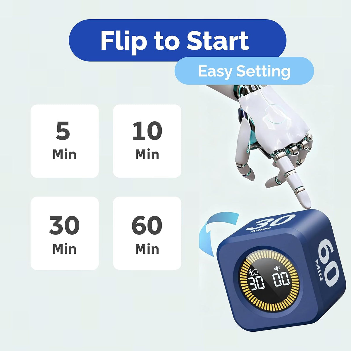 Pomodoro Timer – Visual Cube with 5/10/30/60 Min Presets, LED Countdown Ring & Count Up Mode, Silent Flip Productivity Timer for Study, Classroom, Office, Cooking (Green 5-10-30-60 min)