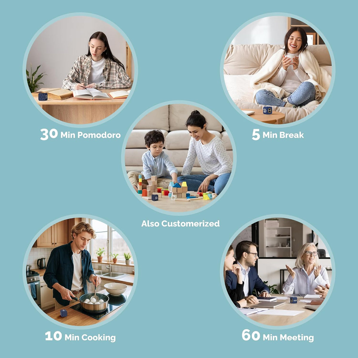 Pomodoro Timer – Visual Cube with 5/10/30/60 Min Presets, LED Countdown Ring & Count Up Mode, Silent Flip Productivity Timer for Study, Classroom, Office, Cooking (Green 5-10-30-60 min)
