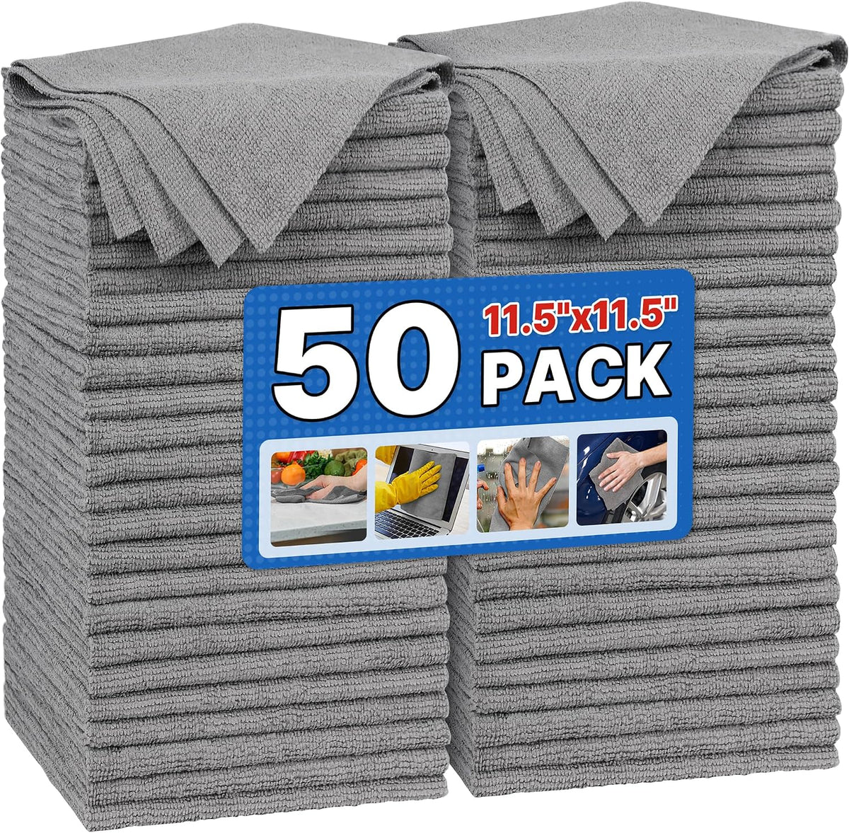 Shop Towels, Pack of 200, Grey Microfiber Cleaning Cloth Bulk, Microfiber Towels for Cars, All-Purpose Absorbent Cleaning Rags, Dust Cloth for Automotive, Mechanic, Garage, 11.5 x 11.5 inch
