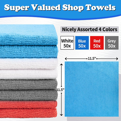 Shop Towels, Pack of 200, Grey Microfiber Cleaning Cloth Bulk, Microfiber Towels for Cars, All-Purpose Absorbent Cleaning Rags, Dust Cloth for Automotive, Mechanic, Garage, 11.5 x 11.5 inch